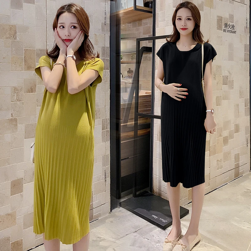 

2024 Summer Maternity Pleated Dress Bat Sleeve O-neck Pregnant Woman Knitting Dress Stretched Pregnancy Ice Silk Dress Cool