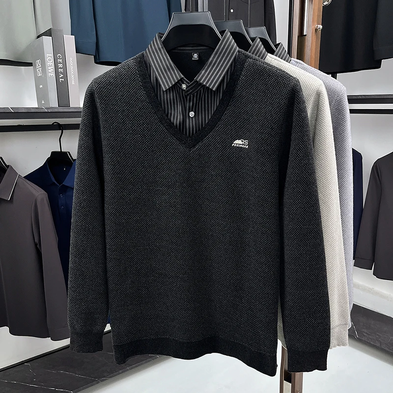 겨울 핫 세일 신상품 남성 셔츠 칼라 페이크 투피스 벨벳 두꺼운 프린트 따뜻한 니트웨어 브랜드 패션 오피스 남성복