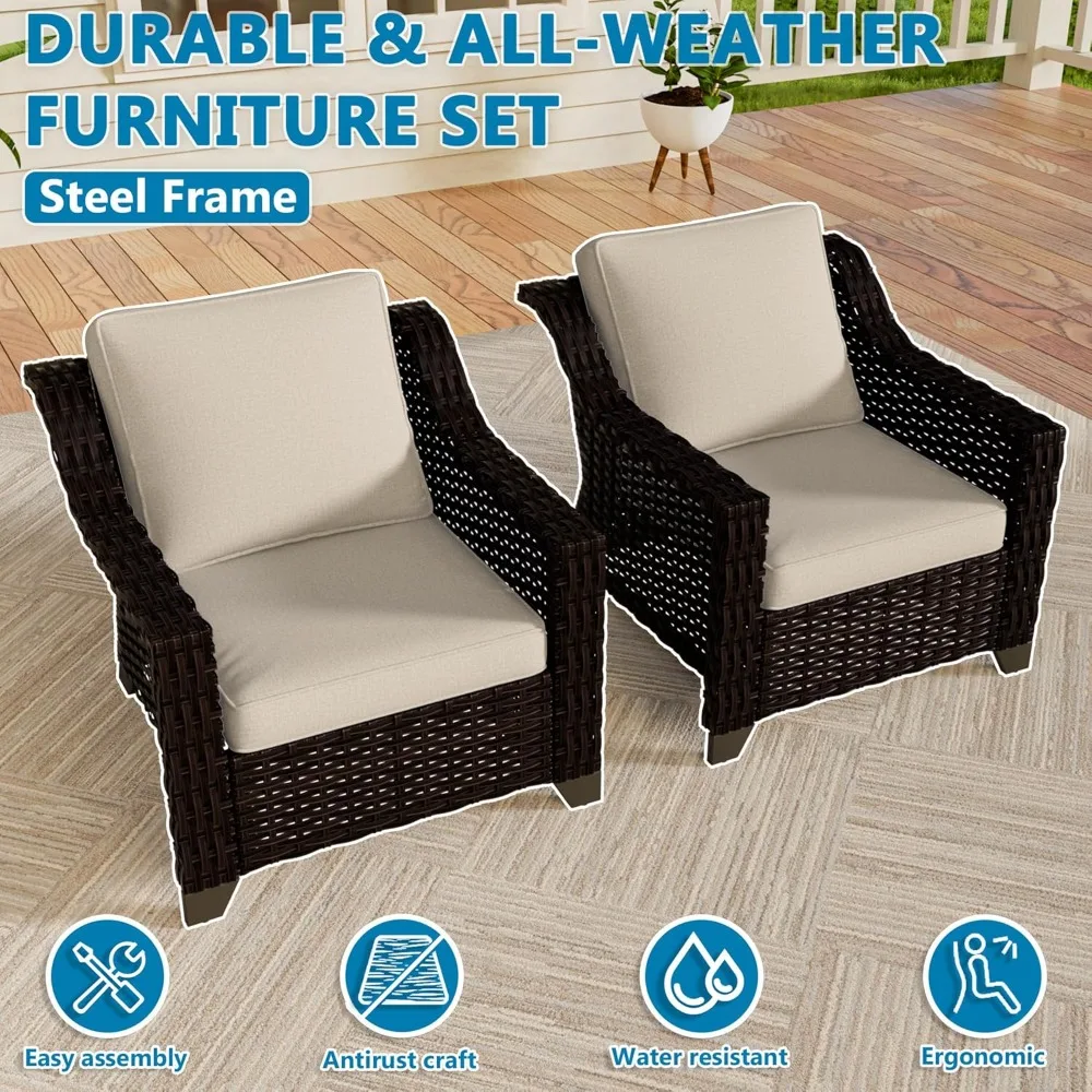 كرسي بذراعين خارجي مكون من قطعتين، مجموعة أثاث محادثات الفناء، وسادة قابلة للغسل، راتان PE فاخر منسوج يدويًا