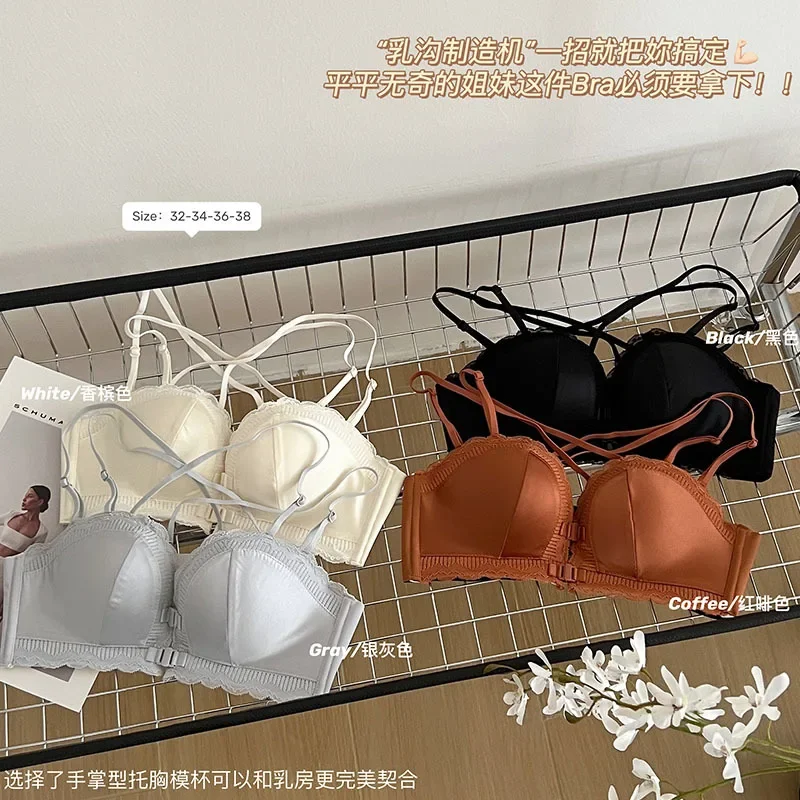 Satin gathering double open buckle cross beautiful back underwear women's live broadcast upper support strapless palm cup bra