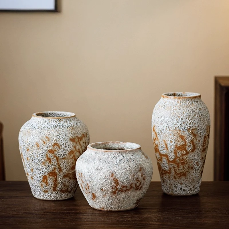 Chinese-Style Ceramic Vase, Rustic Bubble Glaze Pottery, Handmade Tabletop Flower Holder, Unique Shape, Smooth Lines