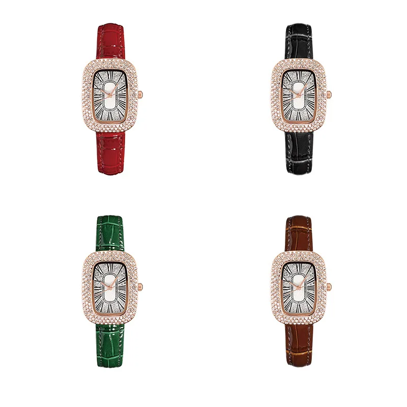 Relojes rectangulares con esfera de diamante para mujer, correa de cuero con diamantes, reloj de cuarzo informal a la moda, femenino