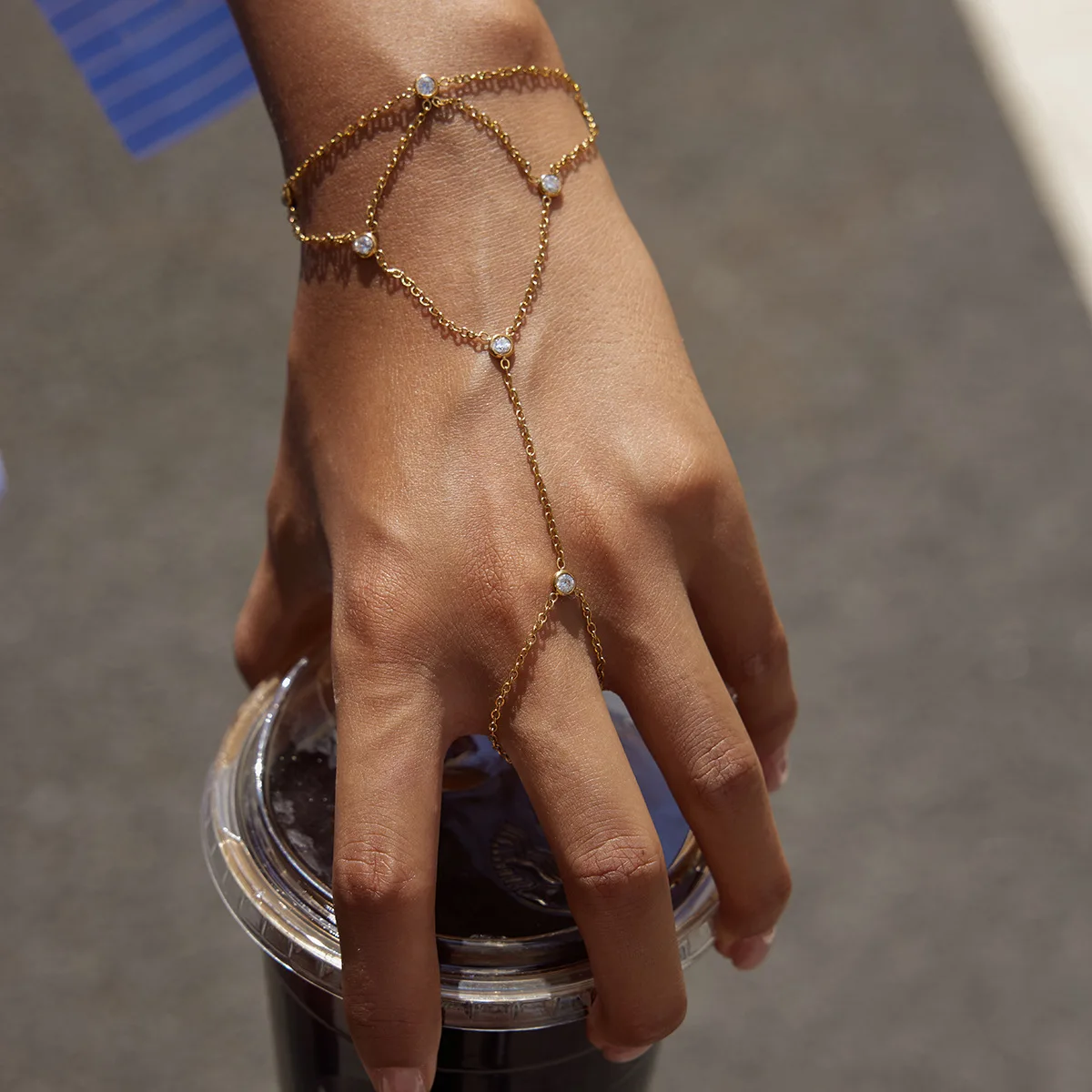 Elegant Connected Pavé Hand Harness 18K Gold Plated Dainty Sparkle Stainless Steel Chain Everyday Stackable Jewelry for Women