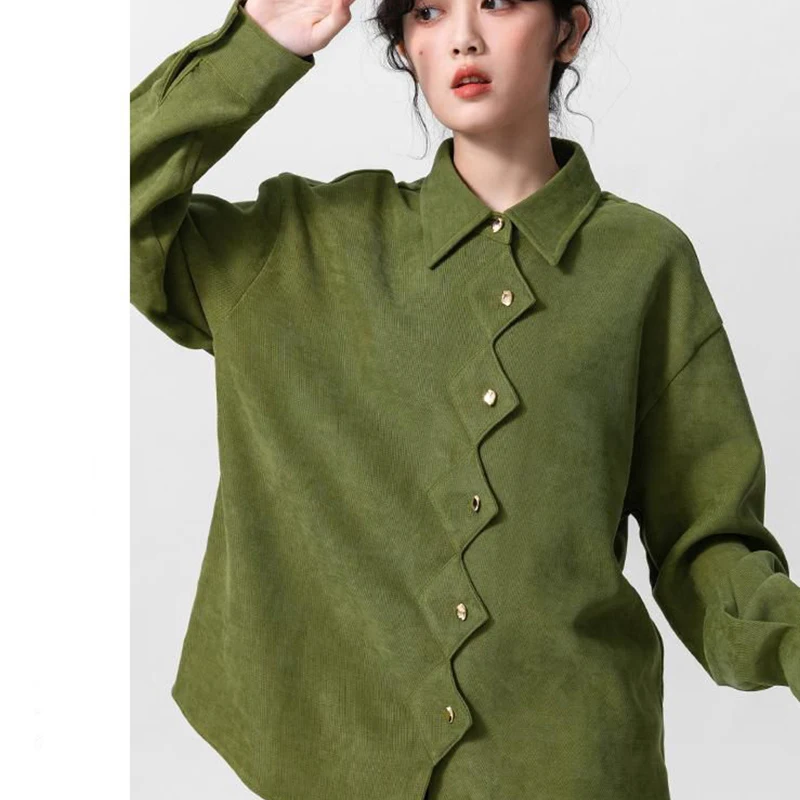 Spring and Autumn Woman Shirt Hong Kong Retro Style Green Polo-neck Long Sleeve Shirt Irregular Trend Lively Creative Niche Chic