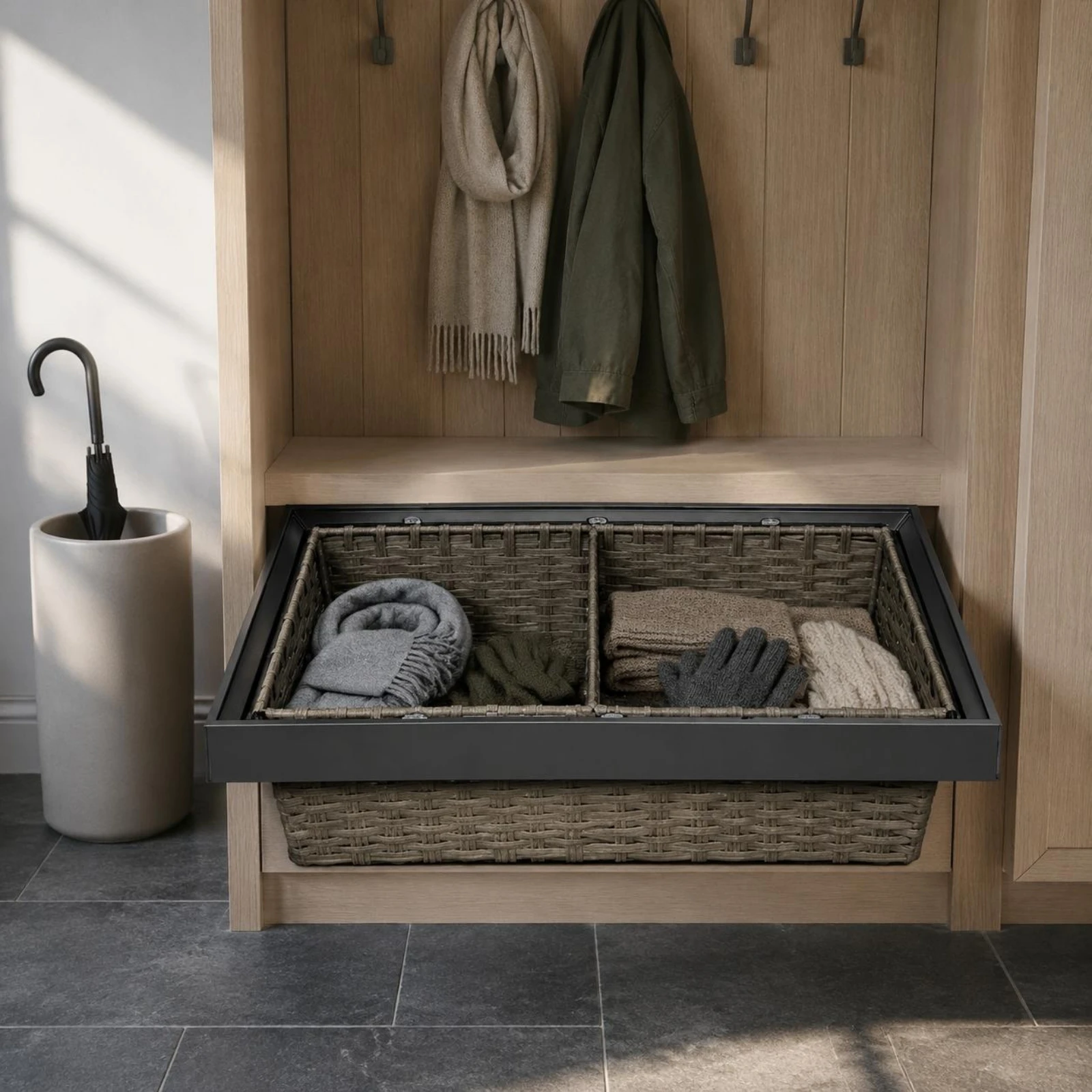 

Pull out Pants Rack Soft Close Slide out Woven Basket Pull out Storage Basket Extendable Wardrobe Organizer Exposed Weave