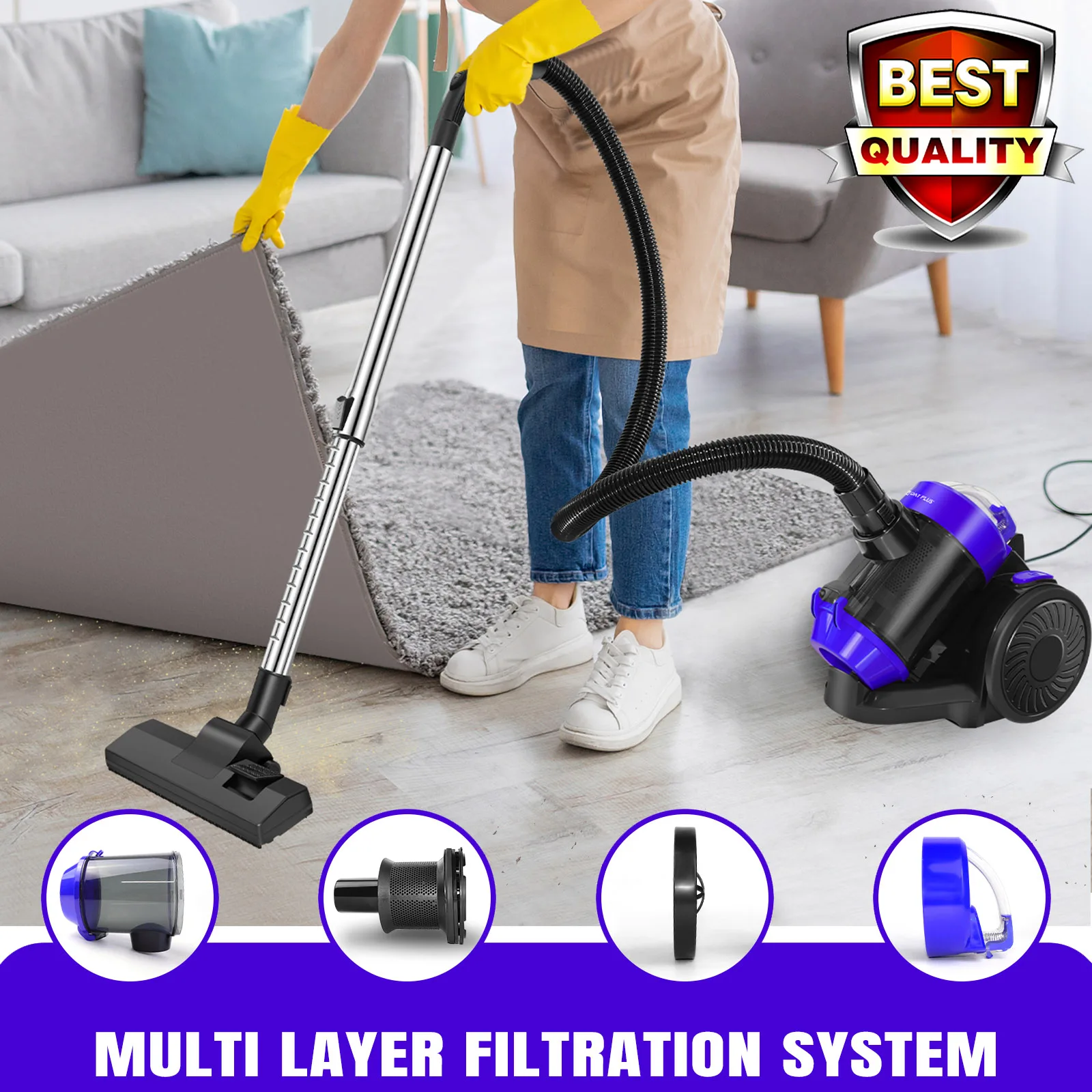 DayPlus 1000W Bagless Horizontal Vacuum Cleaner with HEPA filter for Home Carpet & Cars, Automatically Retract Rope - Blue 1.5L