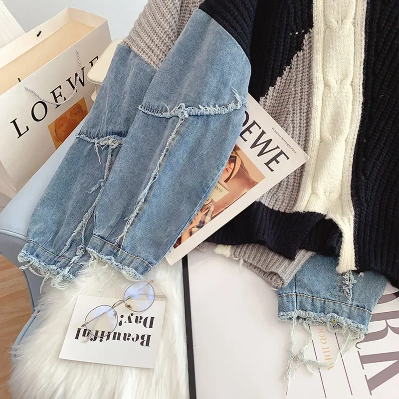 Round Neck Long Sleeve Denim Frayed Patchwork Mohair Knitted Women's Sweater Winter Vintage Loose Pullover Female Jumpers E2694