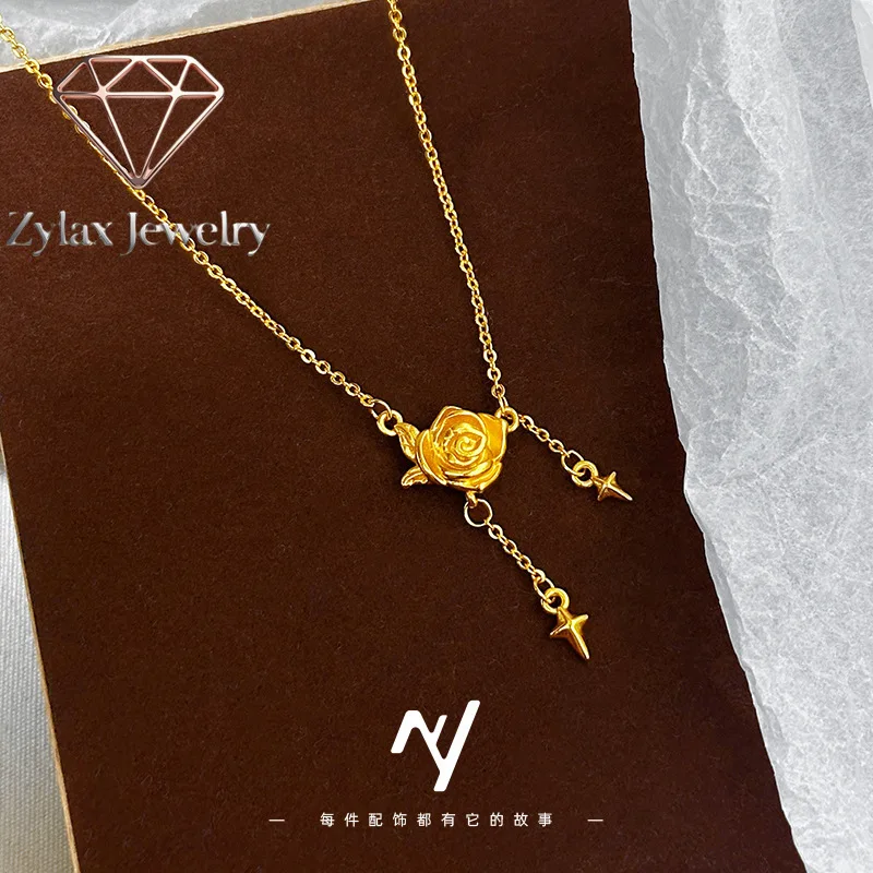 

Zylax Jewelry Luxury 24K 9999 Pure Gold real gold Star Rose Necklace Flower Necklace Women's Clavicle Chain