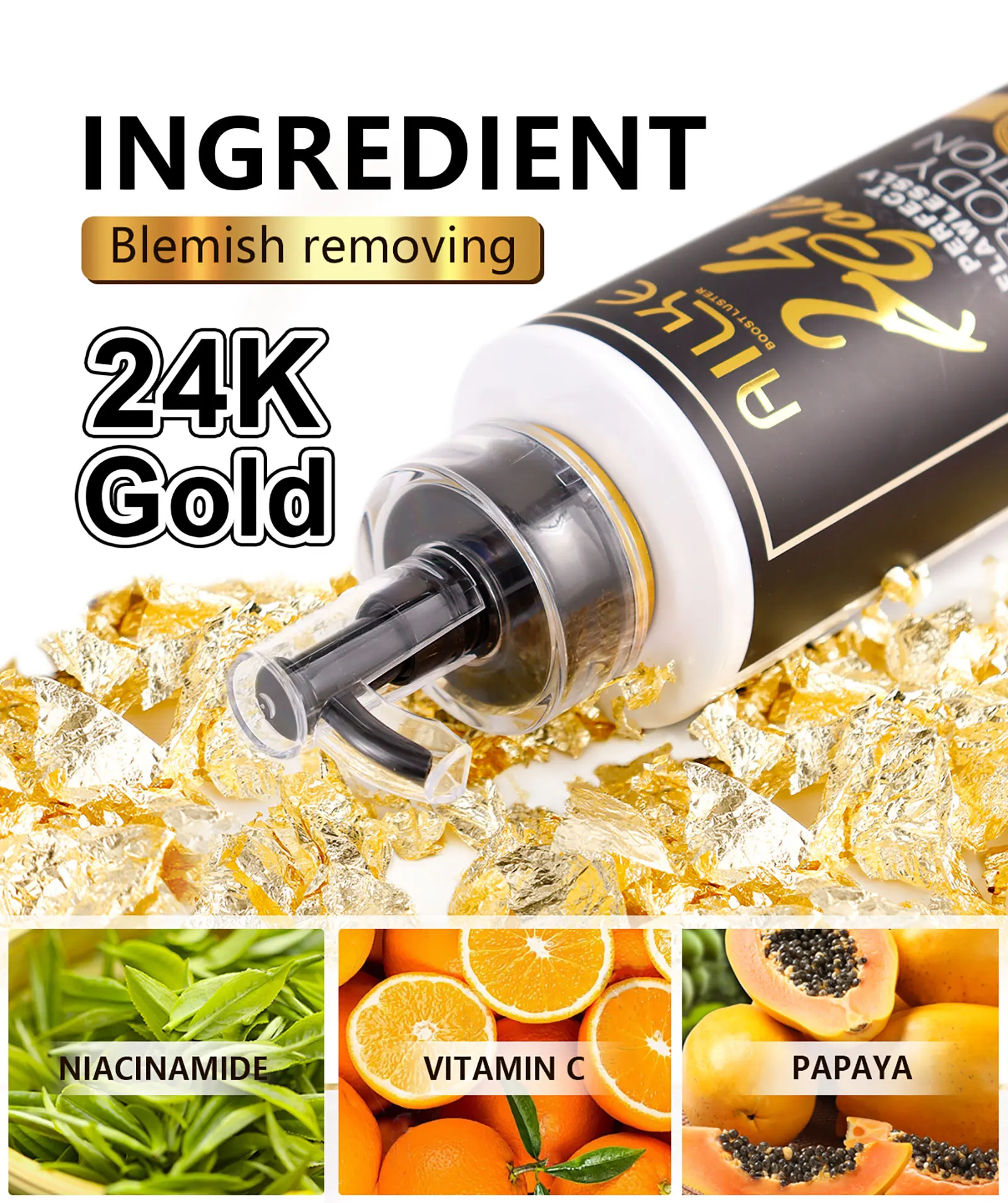 AILKE 24k Gold Perfekte makellose Körperlotion, aufhellend, hemmt Melanin, feuchtigkeitsspendend, UV-Schutz, mit Nikotinamid-Vitamin C – Detail 3