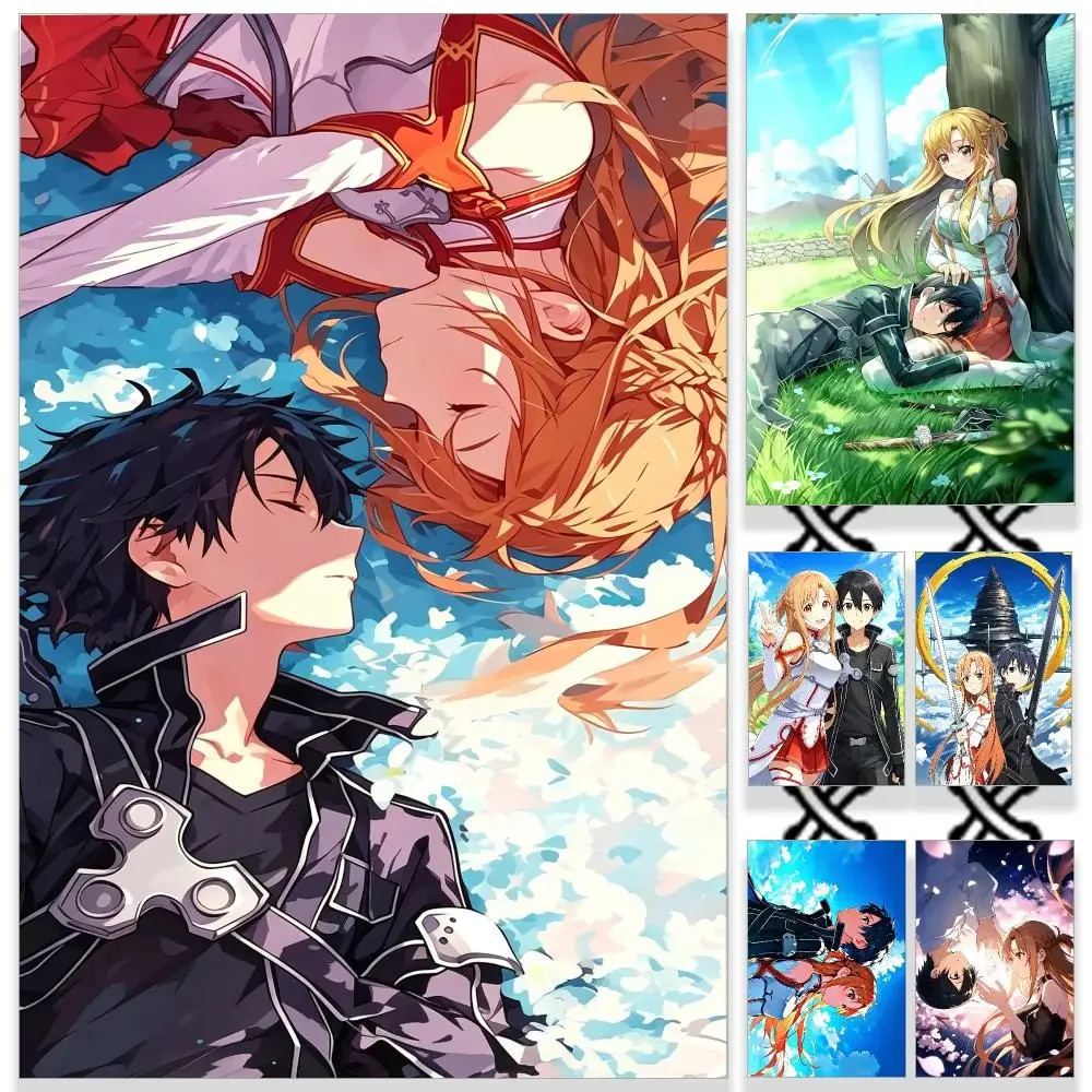 Anime Sword Online Kirito Asuna Poster HD Waterproof PP Self-Adhesive Removable Wall Art Poster Bedroom Cafe Gym Home Decor Gift