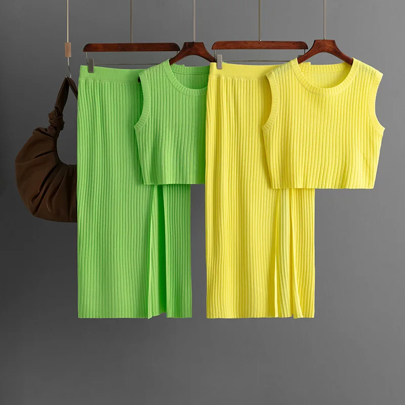 

Вязаные юбки, женские комплекты из двух предметов, жилеты без рукавов с круглым вырезом, облегающий топ, однотонные длинные юбки, прямые повседневные элегантные летние 2023 г.