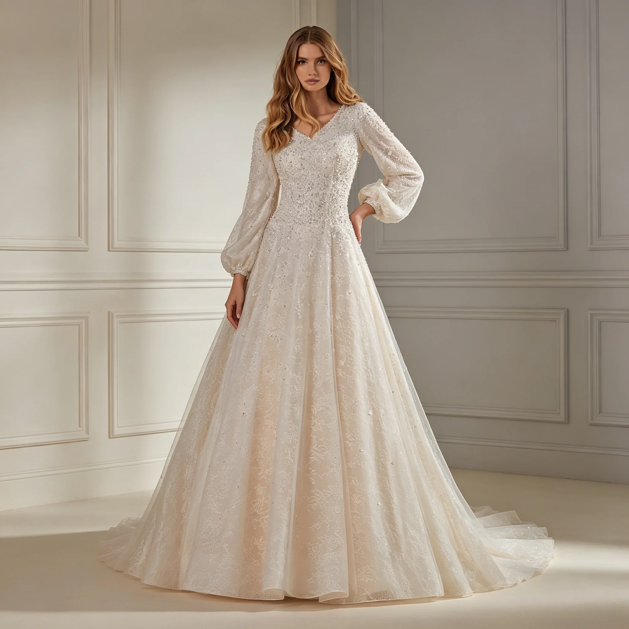 V Neck Champagne Lace Lantern Long Sleeve A Line Wedding Dress Full Pearl Crystal Beaded Vintage Muslim Bridal Gown Customizable