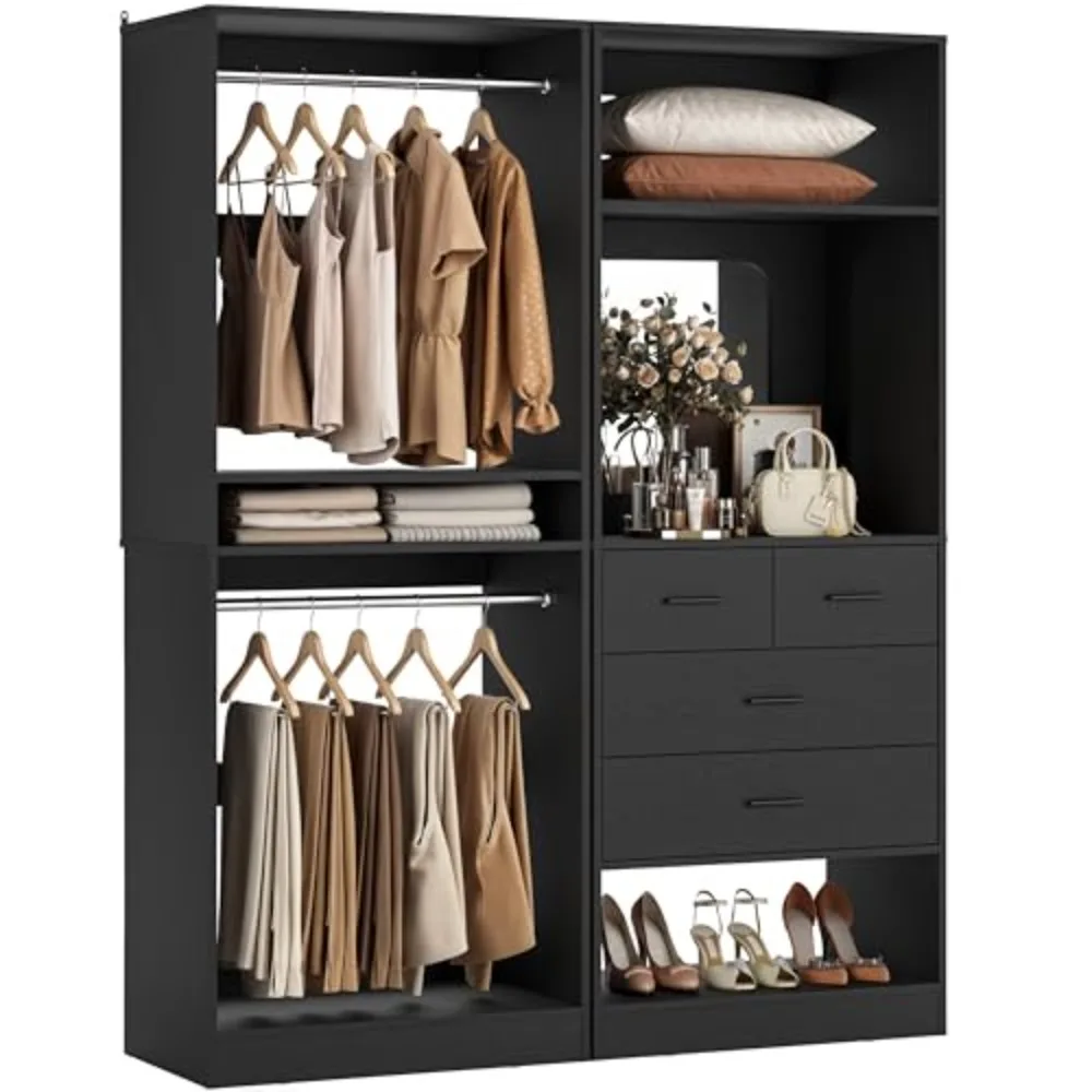 50” Closet System with 4 Drawers, 4.2FT Wood Closet Organizer with Hanging Rods and Mirror, Reversible Small Walk in