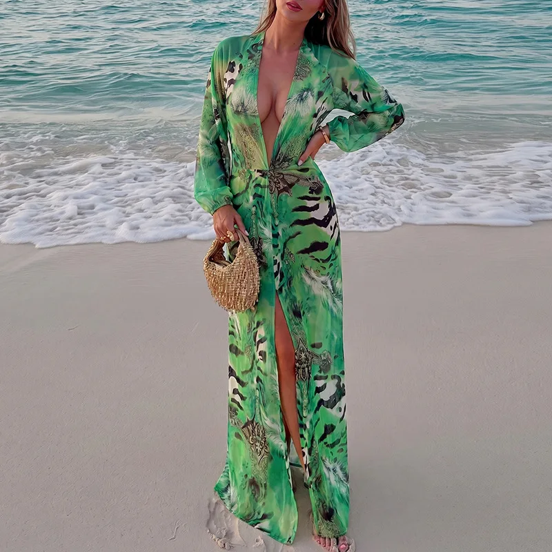 Damen Mode Sexy Bedrucktes Urlaubs-Strand-Maxikleid Tiefer V-Ausschnitt Lange Ärmel Rückenfreies Hochgeschlitztes Festliches Langes Kleid Strandkleid