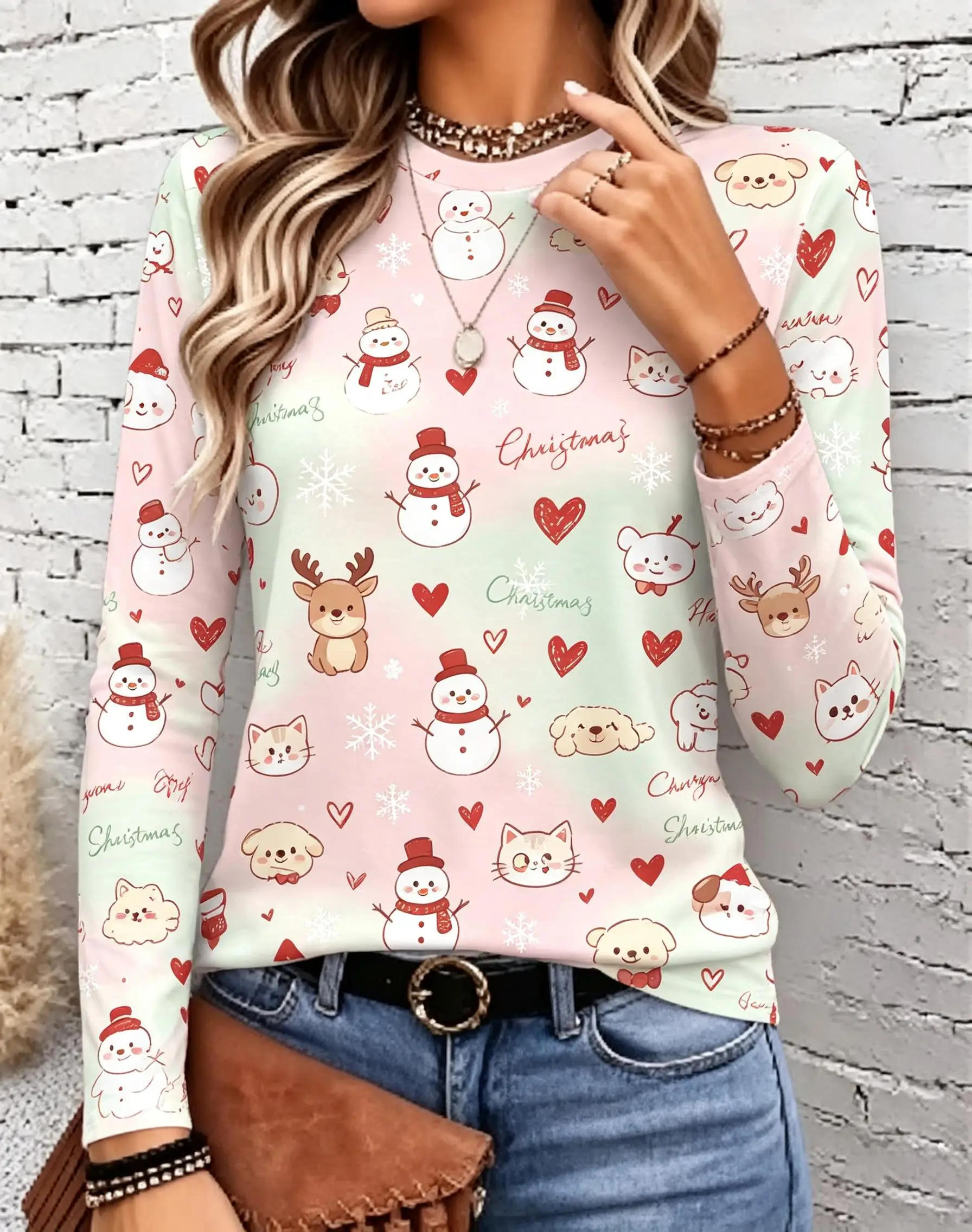 Women Long Sleeve Shirt Round Neck Casual Tops Snowman Reindeer Christmas Tree Gift Print Holiday Fashion Loose Fit Daily Wear view 5