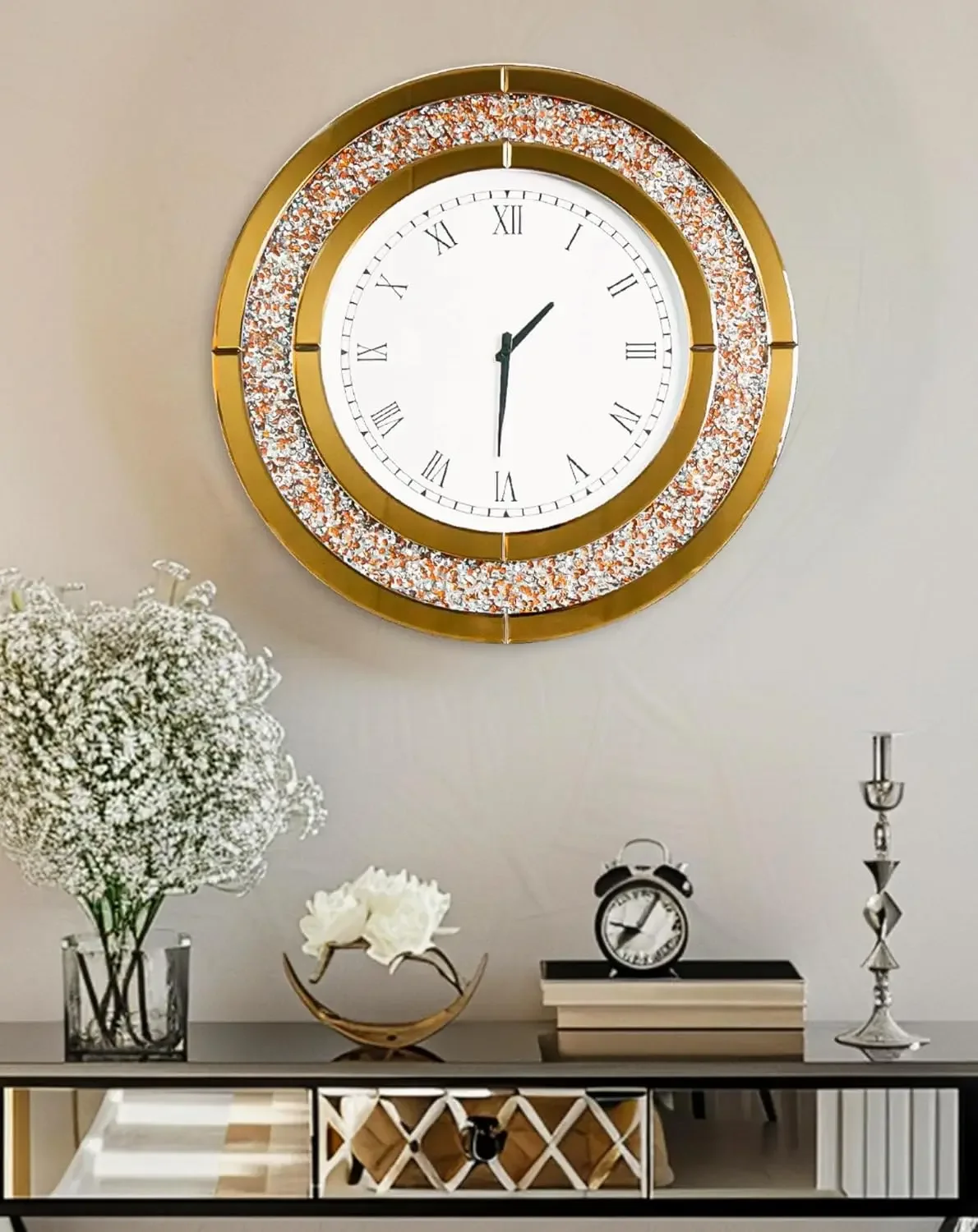 Crushed Diamond Wall Clock: Round Mirrored Clock 31.5 inch Brown | Decorative Mirror Decor Wall-Mounted for Luxury Modern Home