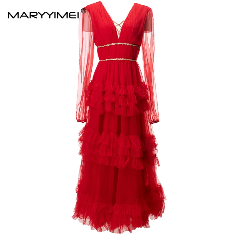 

MARYYIMEI Fashion Women's Dress V-neck Beaded sequins See through Long sleeved Sexy backless Tiered ruffles Mesh Party Dresses