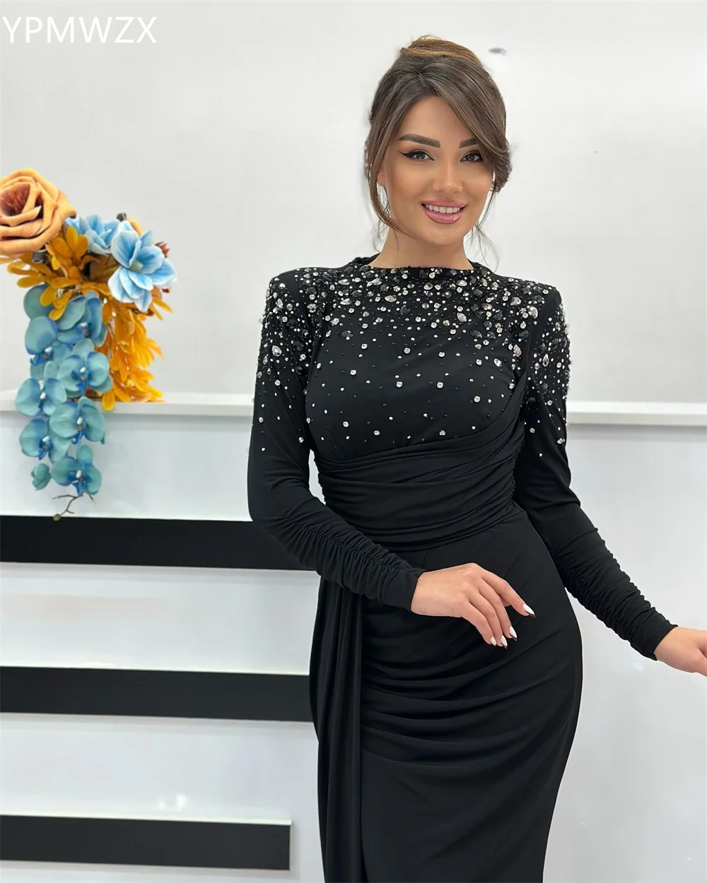 Customized Prom Gown Formal Women Party Occasion YPMWZX Scoop Neckline Column Floor Length Skirts Bead Bespoke  Dresses image 2