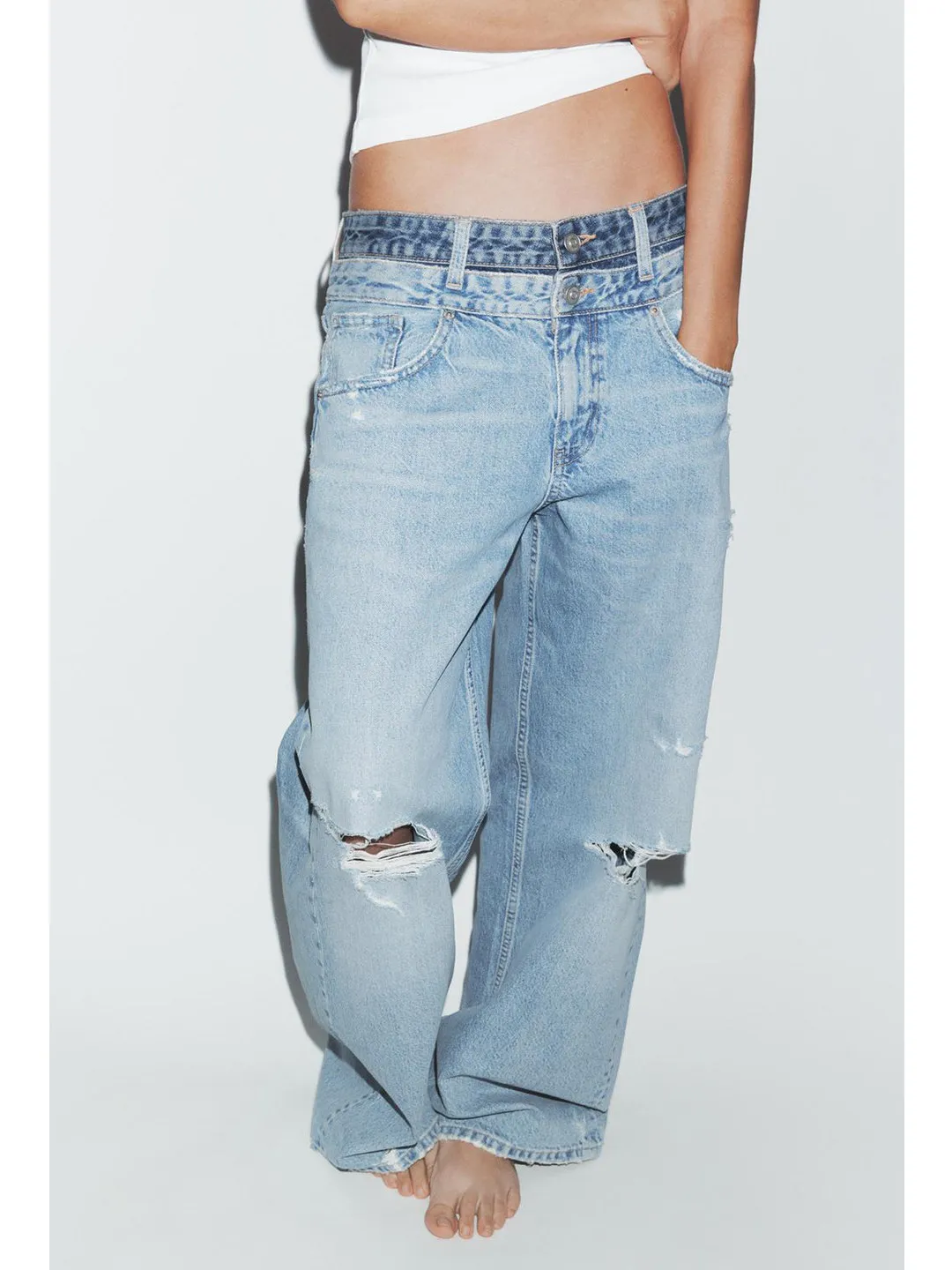 

Spring New Arrival Women's Casual Decorative Hole Straight Leg Double Layer Jeans mid Waist Commuter Style 3607014