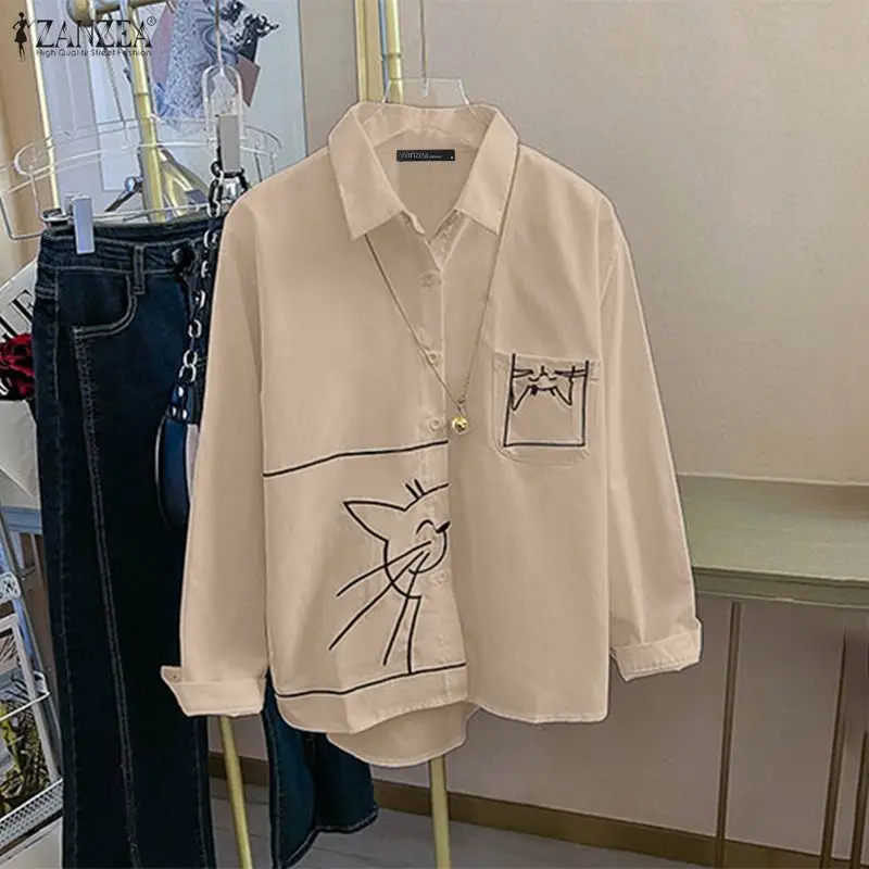 

Женская модная блузка ZANZEA с длинным рукавом и принтом кошки, весна-осень 2026, с отложным воротником, на пуговицах, повседневная, свободная, элегантная, для офиса