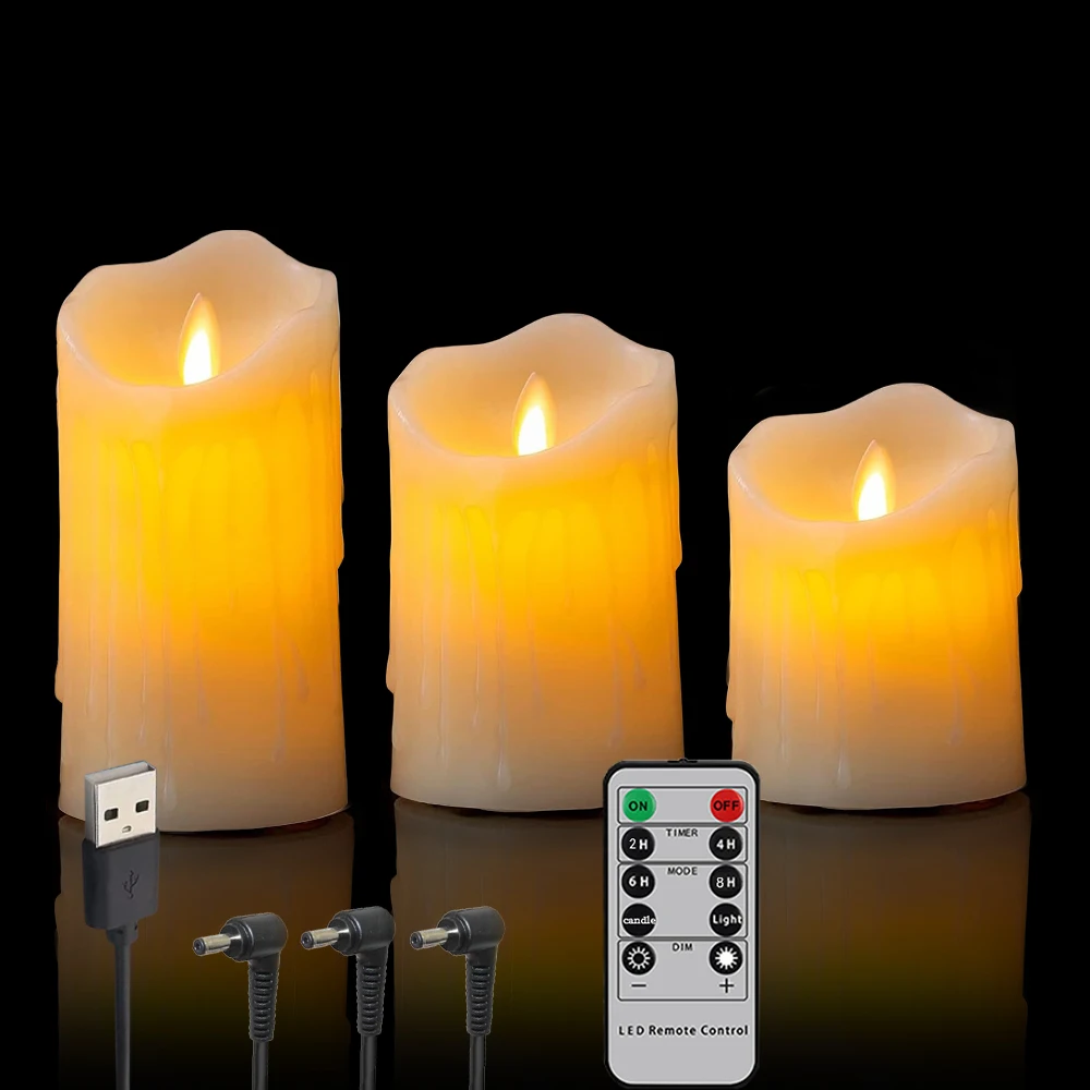 

1-3pc USB Rechargeable LED Candles Flameless Wax Tealight Dancing Moving Wick Pillar Candle w/Remote Halloween Home Decorativ