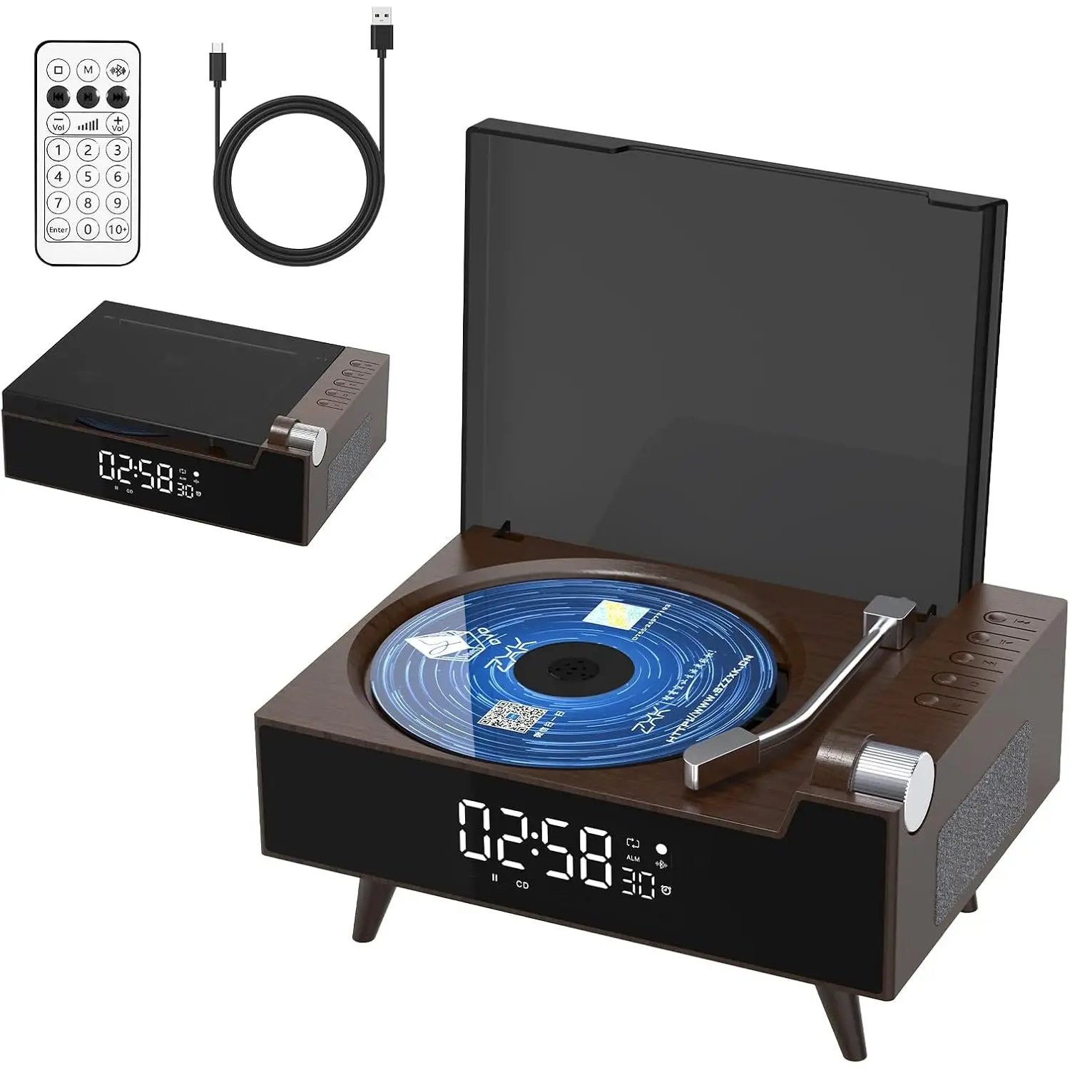 Dark Brown Home Theater System with for Bluetooth CD Player Hi-Fi Speakers FM Radio LED Display Timer USB & AUX Support