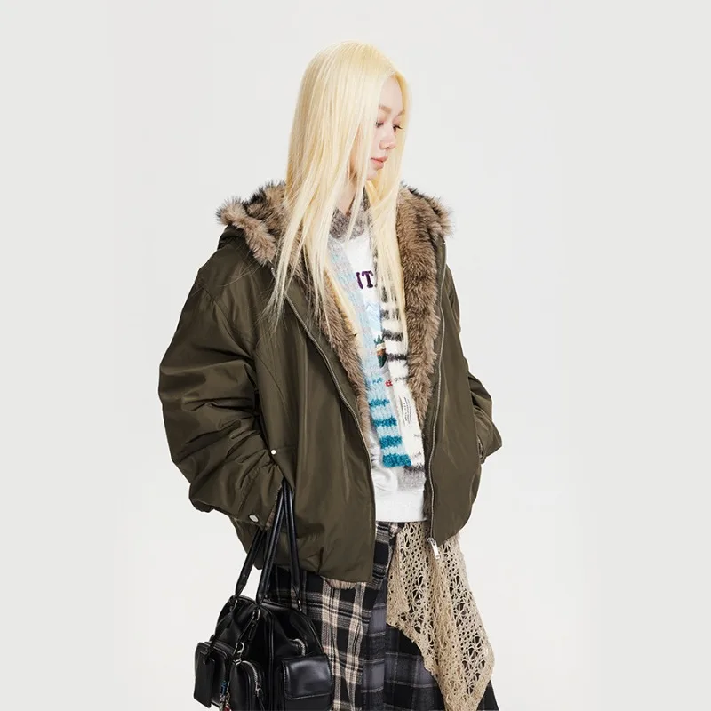 Zipper Black Faux Fox Fur Collar Jacket Loose Hooded Jackets for Women Winter Casual Stylish 2025 Patchwork Overcoats Warm Thick