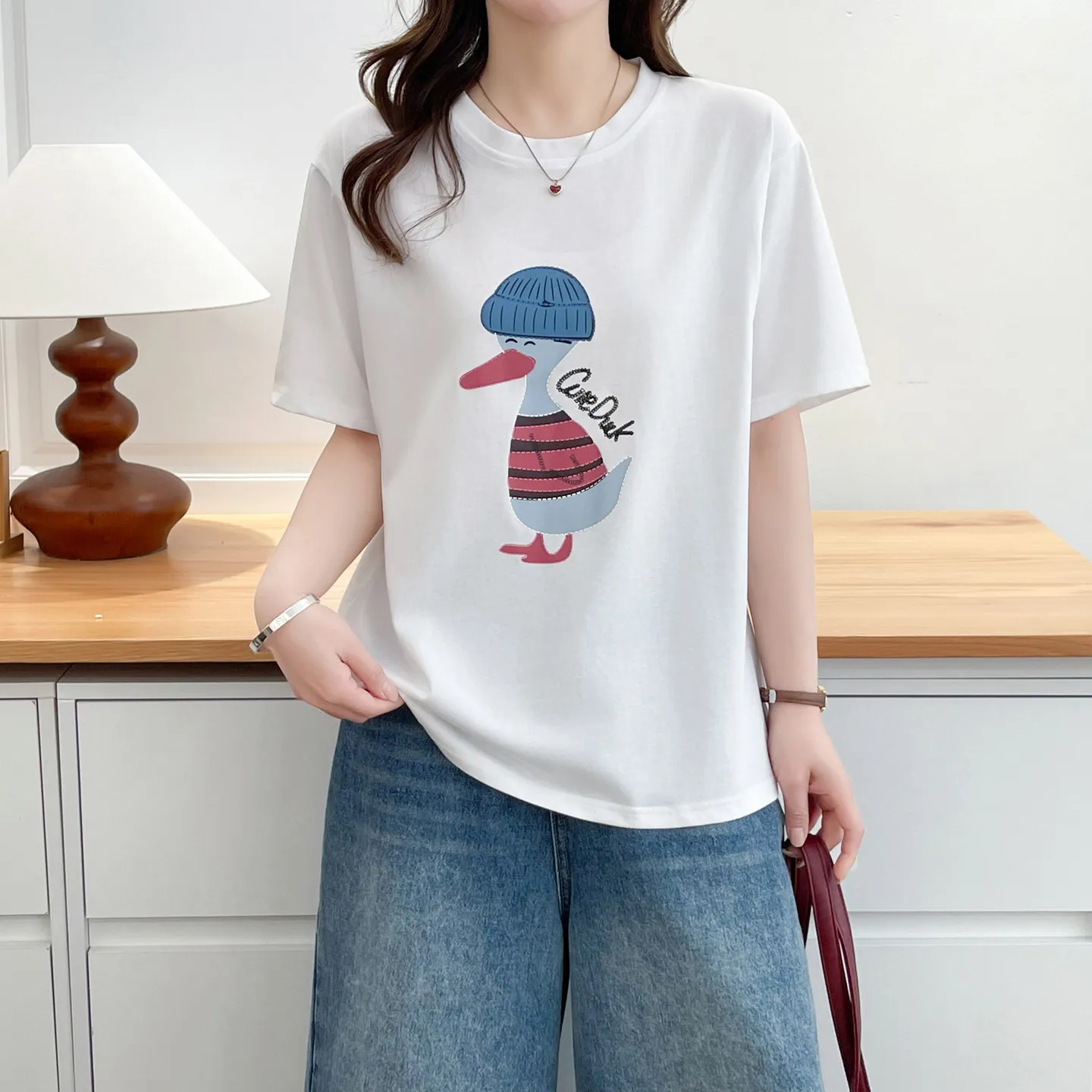 

2026 Summer Plus Size Women's Cotton T-Shirt Short Sleeve Cute Cartoon Print Casual Loose Fit Oversized Tee Top For Curvy Ladies
