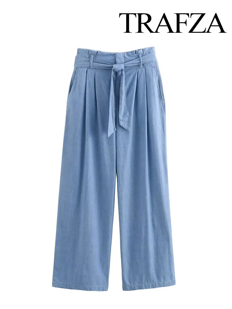 TRAFZA 2024 Trousers For Women Fashion Imitation Denim High Waist Loose Long Pants Female Chic Versatile Women's Wide Leg Pant