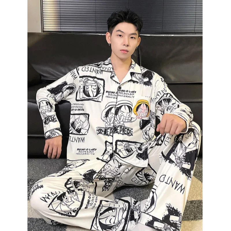 ONE PIECE Luffy autumn pure cotton cartoon long-sleeved trousers casual men\'s pajamas two-piece loungewear silk pajamas men