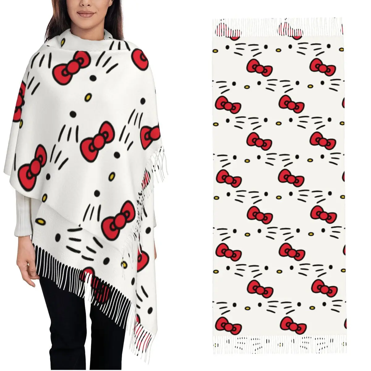 Womens Tassel Scarf Hello Kitty Sanrio Long Winter Fall Shawl Wrap Daily Wear Cashmere Scarf