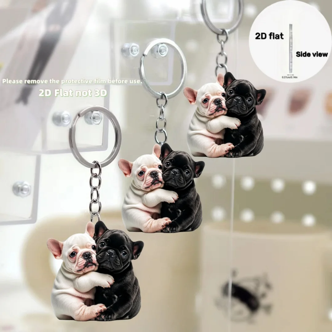 2D Hugging Bulldogs Pendant Keychain Cute Puppy Flat Acrylic Ornament Charms Hanging Decoration for Bag Festive Party Gift