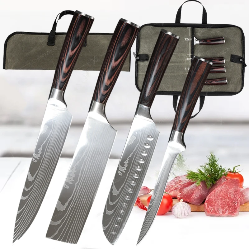 

Japanese Santoku Knife Kitchen Knives Set Damascus Pattern Chef Knife Stainless Steel Boning Knife Meat Clever with Storage Bag