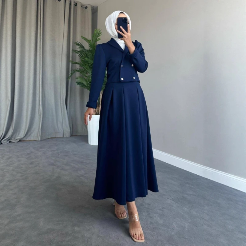 Muslim Two Piece Sets Skirt Set Full Sleeve Lapel Short Blazers Ankle Length Skirts A Line Y2k Streetwear Office Lady Work 2026