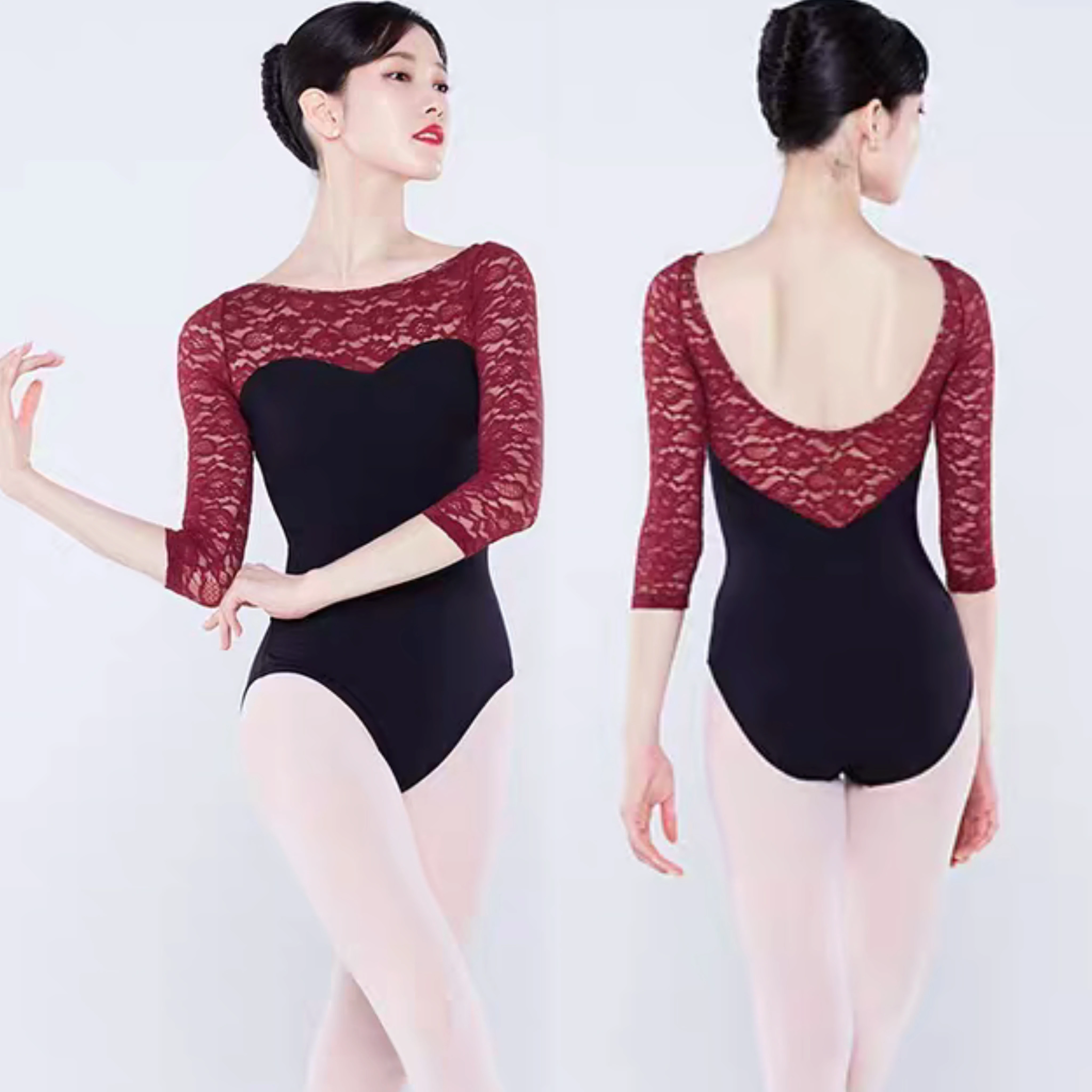 

Adult Female Ballet Dance Leotard Lace Seven Minute Sleeve Tight Fitted Bodysuit Stretch Gymnastics Yoga Jumpsuit Soft Breathabl