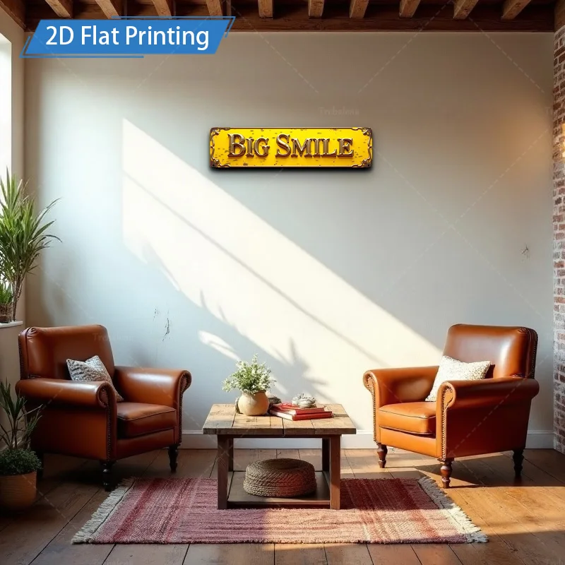 [2D FLAT] قطعة واحدة من اللافتات المعدنية، مقاس 4 × 16 بوصة باللون الأصفر القديم "BIG SMILE" علامة معدنية لتزيين الحائط