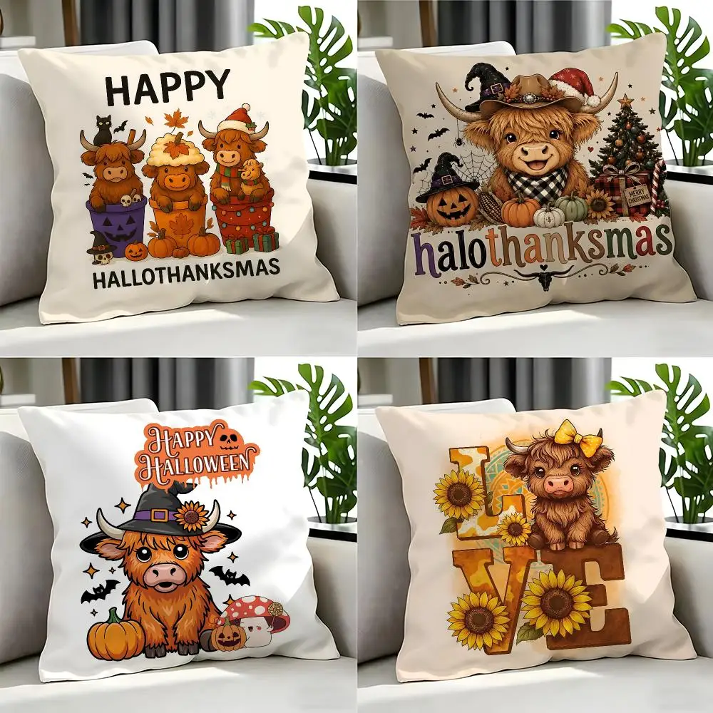 pattern Highland Cow Holiday Cushion Cover 1Pc  Cushion Cover 50x50 45x45 40x40 Pillowcase Decorative Sofa Home Decor