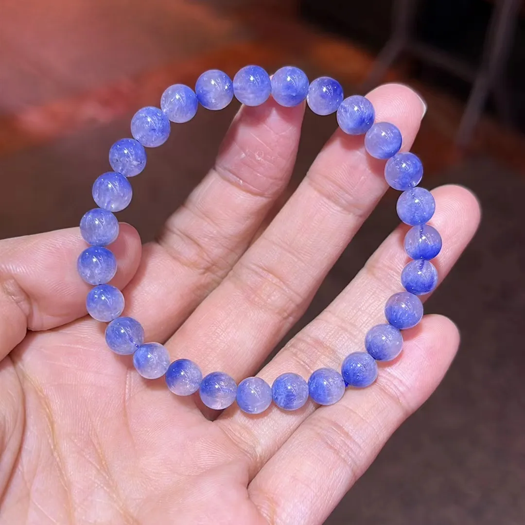 Natural Blue Rutilated Dumortierite Quartz Bracelet 6.8mm Jewelry Cat Eye Women Men Clear Round Beads Rare Stone AAAAA