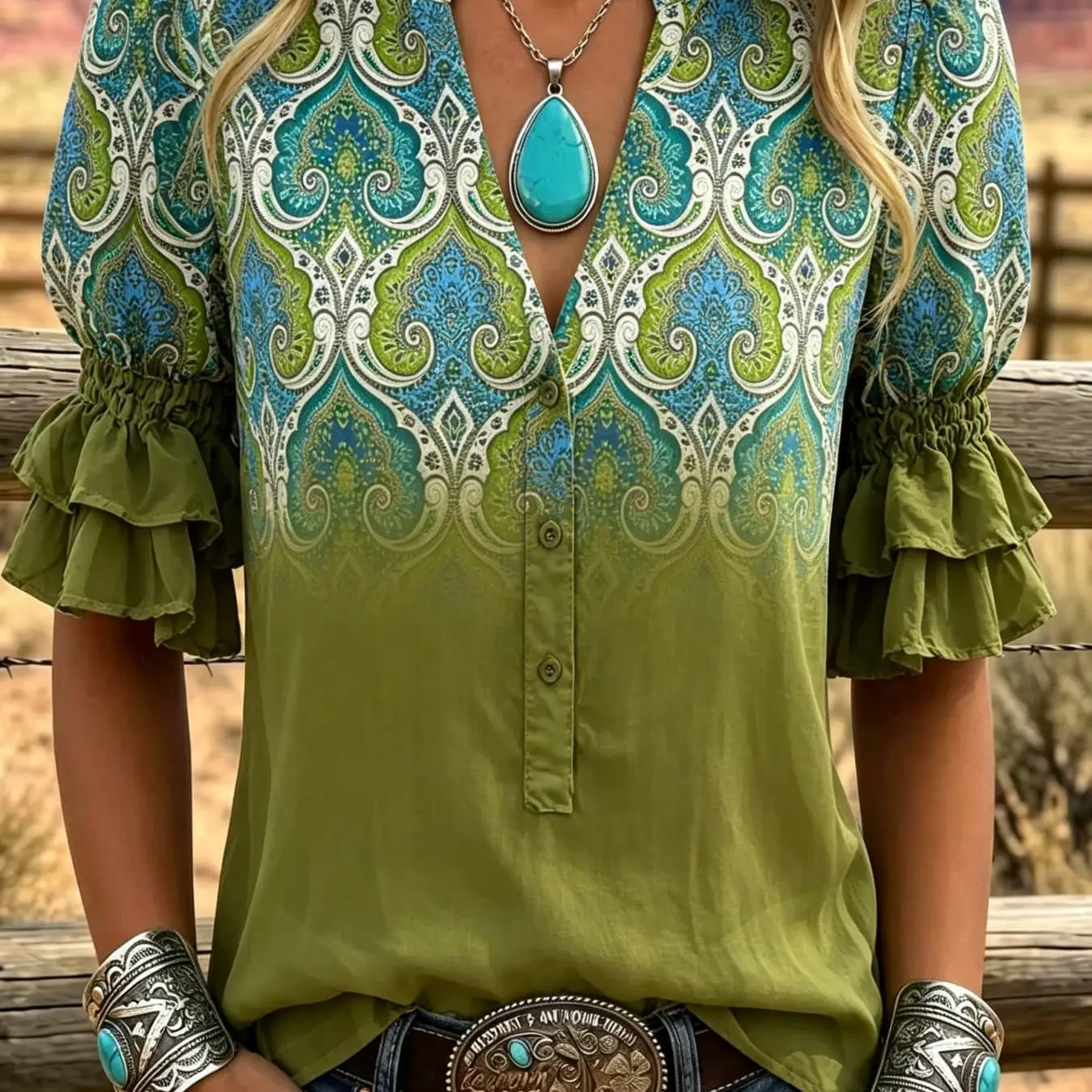 Women's V-Neck Ruffle Short Sleeve Blouse Vintage Bohemian Paisley Gradient Print Loose Fit Casual Daily Holiday Women Wear Top
