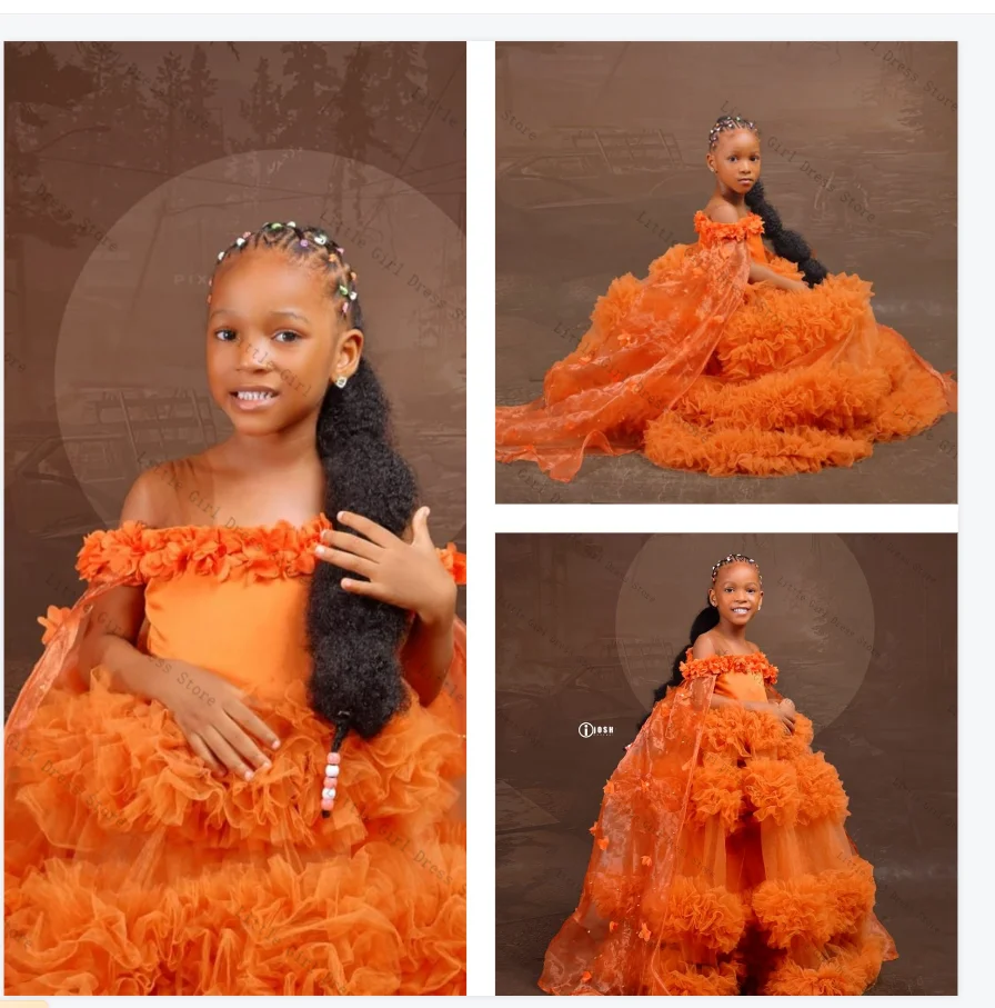 

Orange Princess Flower Girl Dress Sexy Off Shoulder Tiered Tulle Wedding Gown Kids Birthday Party Pageant Gown Customized