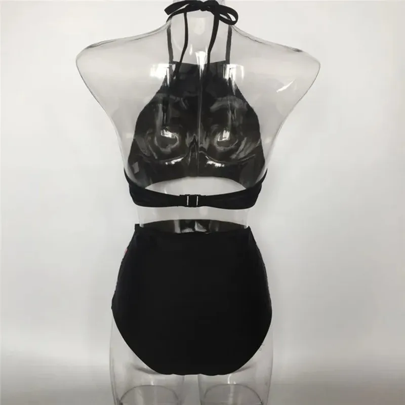 Czarny Retro Kobiety Wysoka Talia Seksowny Dwuczęściowy Zestaw Bikini Halter Kwiatowy Nadruk Bandaż Strój Kąpielowy Kobiety Kąpielówki Push Up Strój