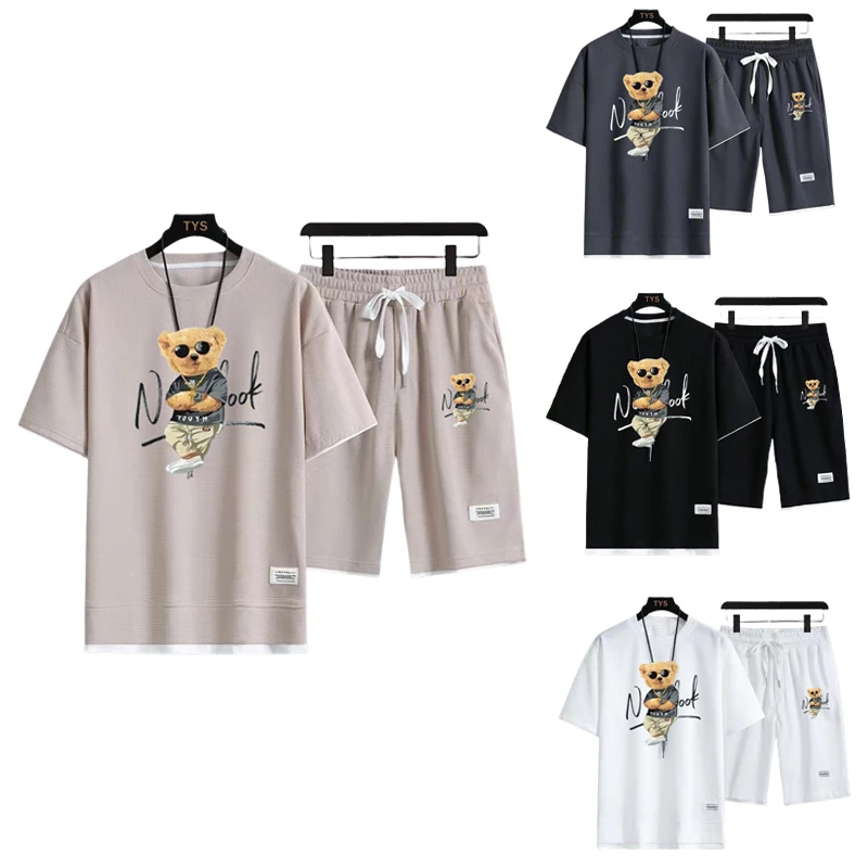 

Summer new men's short-sleeved printed T-shirt elastic waist shorts set, fashionable casual vacation sports 2-piece men's set