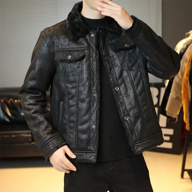 

Male Bomber Fur Collar Pu Leather Jacket Tactical Faux Leather Jackets Outwear Fleece Coats Fur Inner Windbreaker Leather Coats