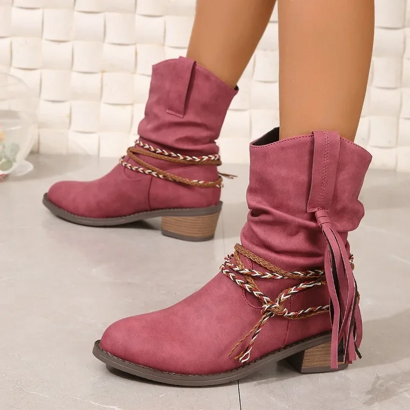 Women's Shoes 2024 New Women's Boots Winter Roman Round Toe Solid Color Medium Tube Thick Heel Large Size Western Boots