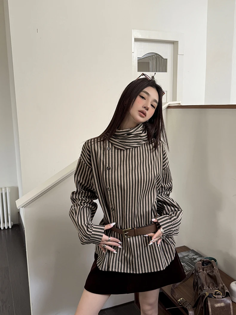 Retro Striped Shirt With Women'S Spring And Autumn Slanted Placket Design, Corduroy Loose Long Sleeved Top