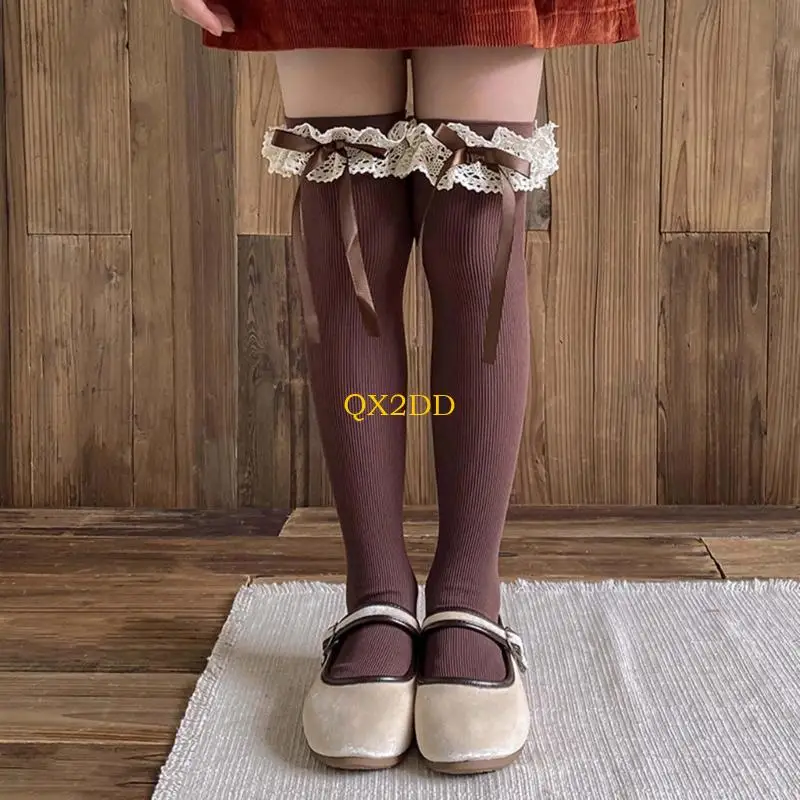 جوارب QX2D العجل للفتيات من 3 إلى 13 سنة ساق طويلة الساق جوارب طفل القوس دافئ #4