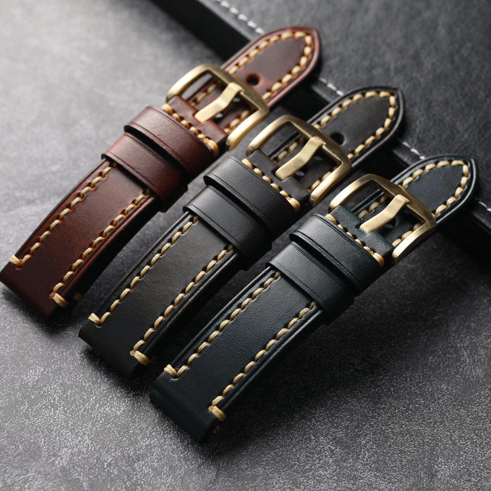 Handmade Italian Oil Waxed Leather Strap 20 22 24MM Bronze Watch Bracelet Vintage Style Brass Clasp Handmade Thickened Watchband