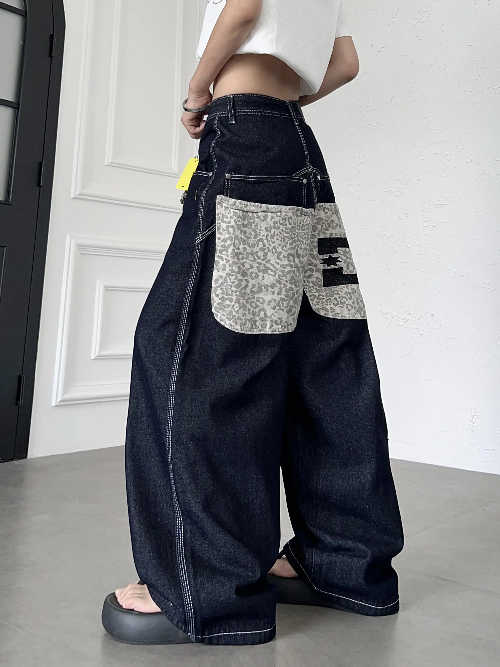 Retro American Street Leopard Print Patchwork Double Waist Wide Leg Jeans Loose Straight Cut Trousers for Men And Women