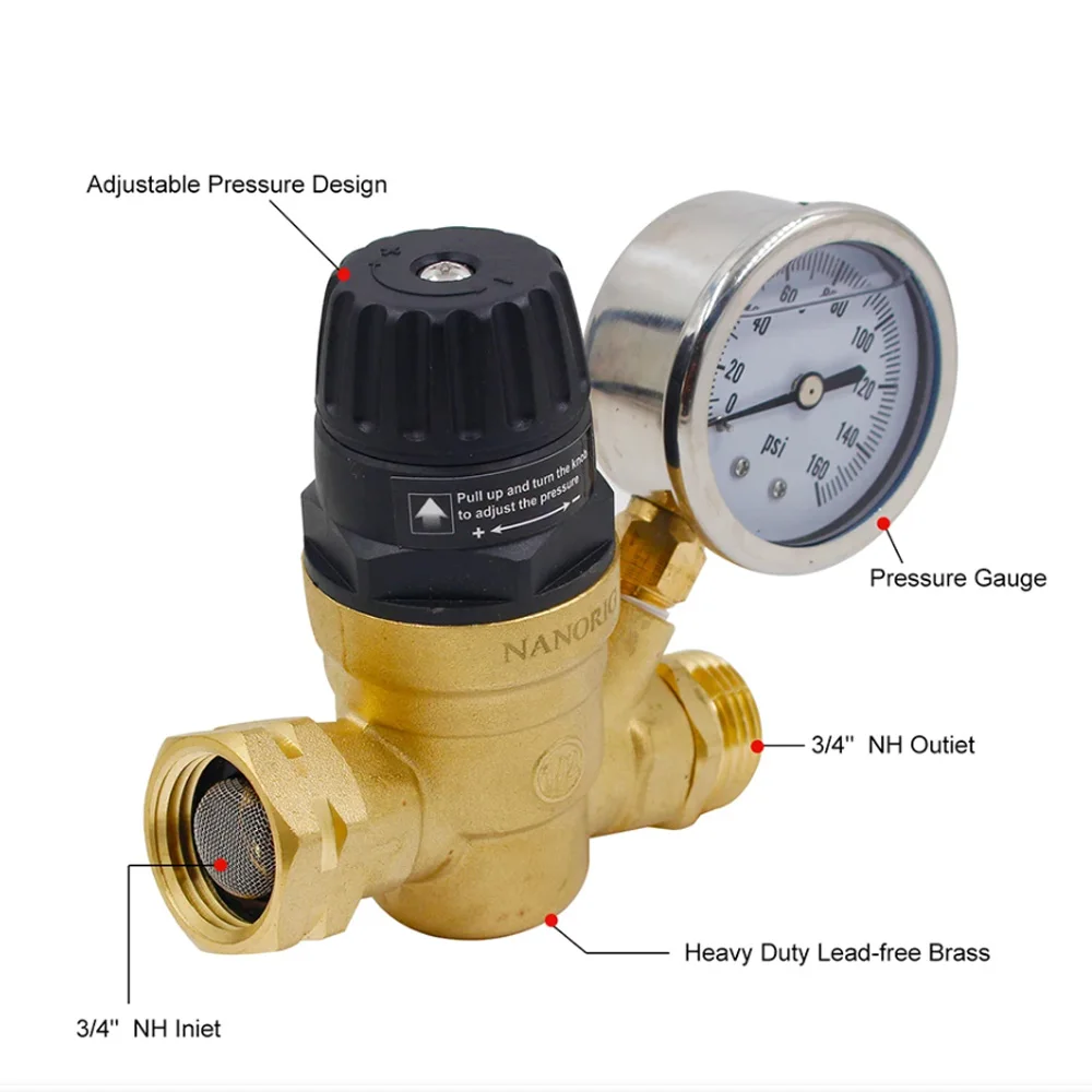 Water pressure regulator thread RV accessories adjustable lead-free brass with gauge pressure reducing valve