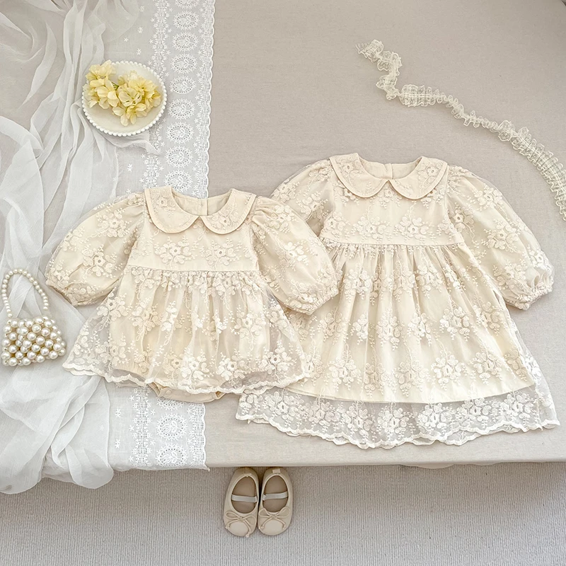 Spring Baby Girls Long Sleeve Sweet Sisters Flower Print Dress Autumn Infant Rompers Kids Baby Girls Princess Clothes Rompers